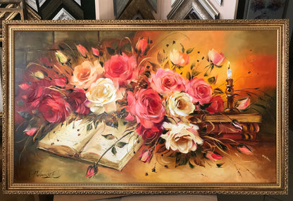 Vintage Roses Oil Painting Original Hand-painted Floral Art Classical Roses Painting Canvas Vintage Flowers Paintings Rose Flowers Wall Art