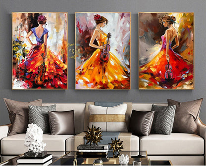 Three Girl Paintings on Canvas Set of 3 Wall Art Framed Colorful Matching Oil Paintings Abstract Woman Art Luxury Paintings 3 Piece Wall Art