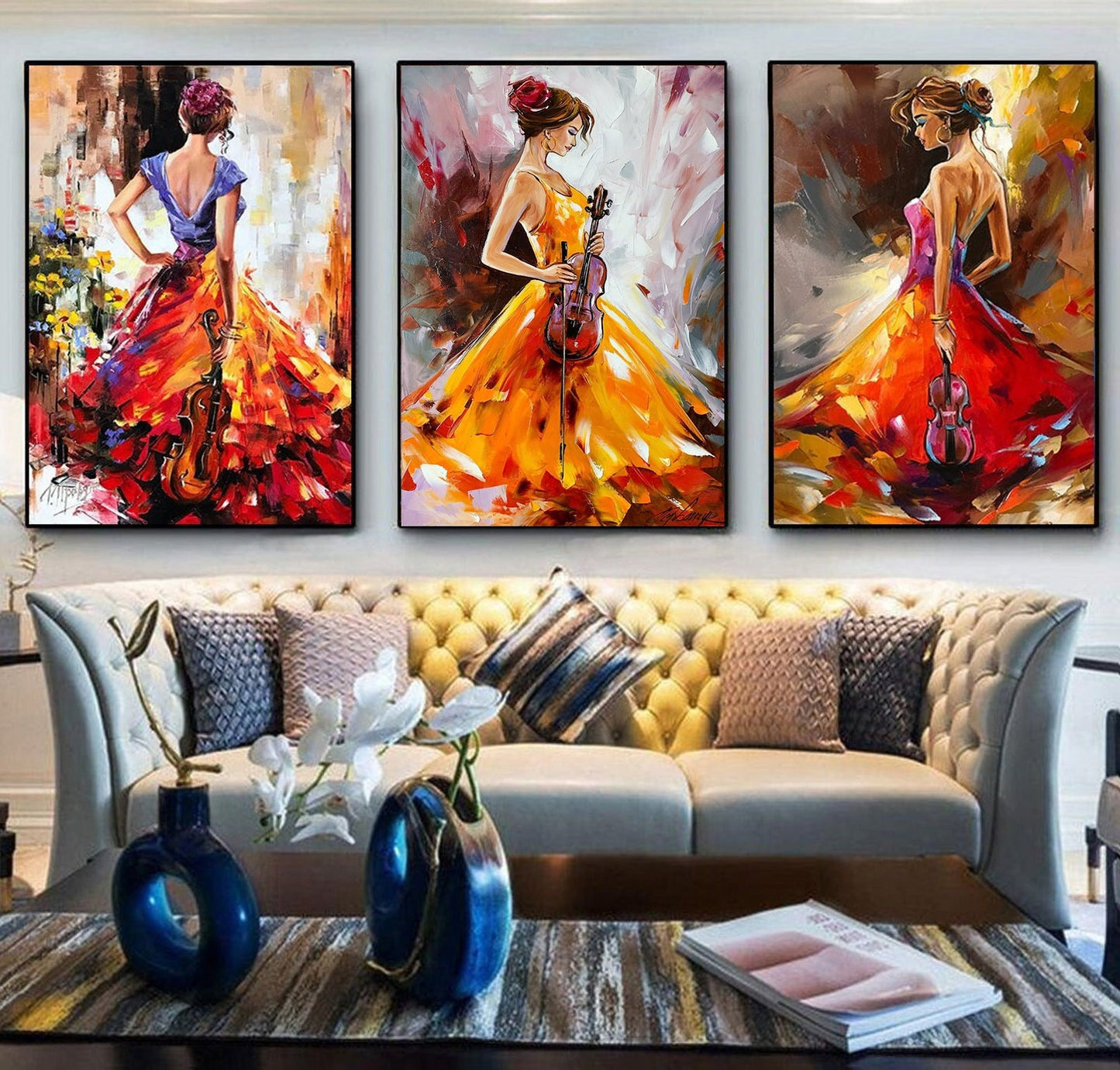 Three Girl Paintings on Canvas Set of 3 Wall Art Framed Colorful Matching Oil Paintings Abstract Woman Art Luxury Paintings 3 Piece Wall Art