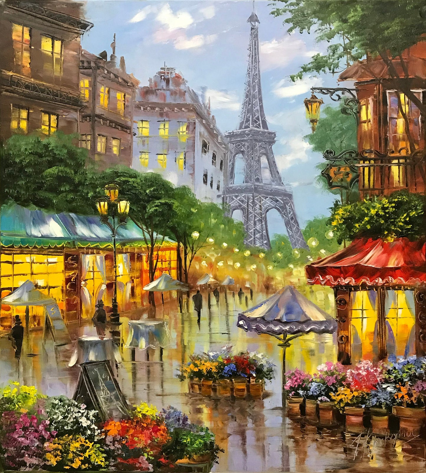 Romantic Paris Street Scene Oil Painting | Large Eiffel Tower Artwork, French Flower Market Painting on Canvas