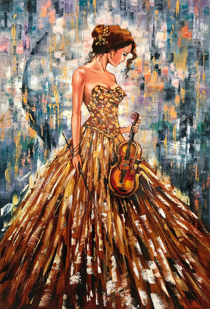 Lady Painting on Canvas Girl with Violin Art Woman in Gold Dress Painting Violin Home Decor abstract Woman Oil Painting Original Female Art