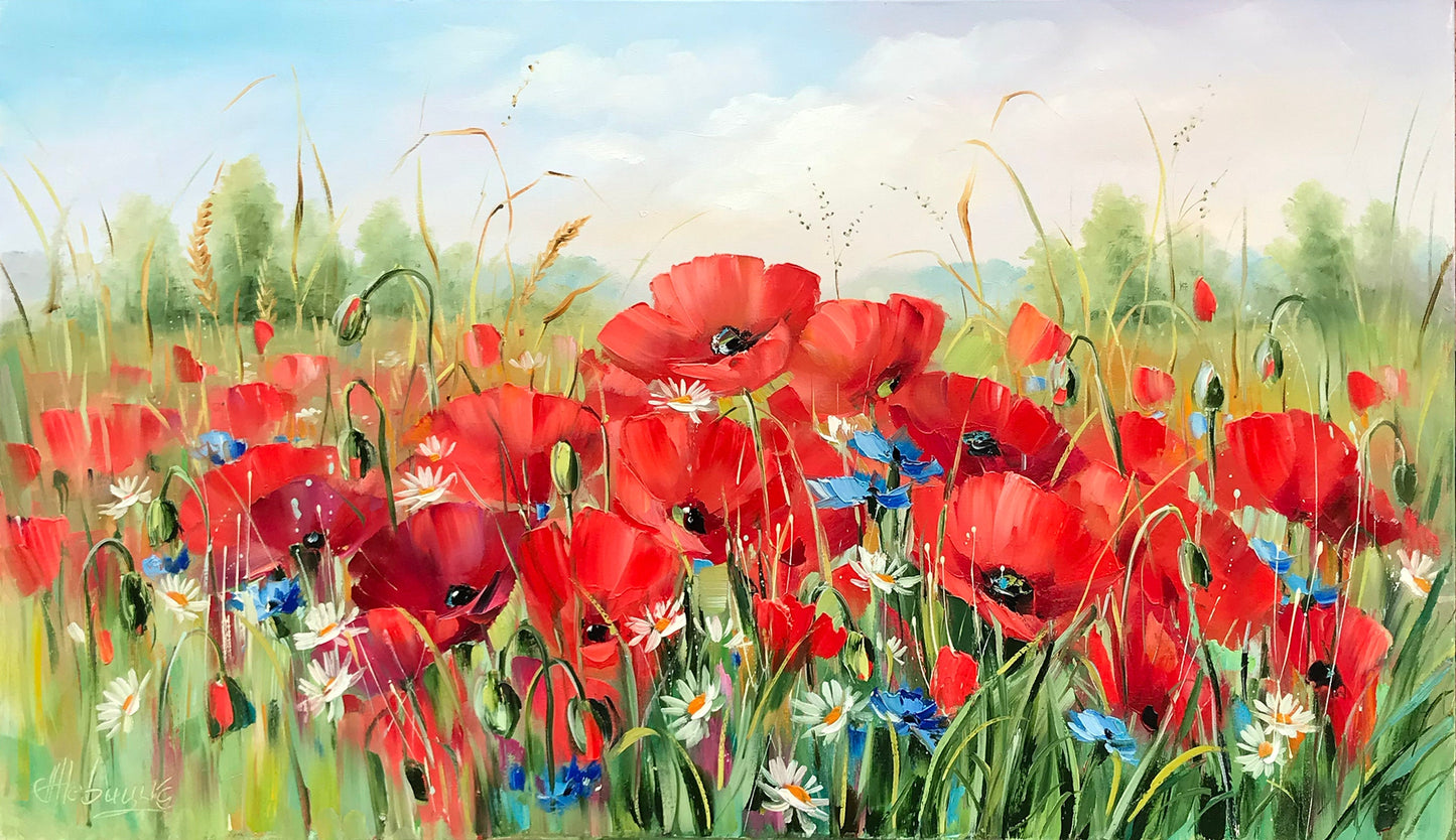 Ukrainian Poppy Field Painting Original Art Work Wildflowers Ukrainian Oil Painting Landscape Red Poppies Painting Support Ukraine Artist