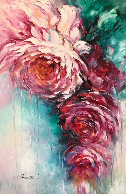 Large Roses Painting Abstract Red Flowers Wall Art Contemporary Flower Oil Artwork Modern Bloom Floral Art Painting Vertical Wall Decor