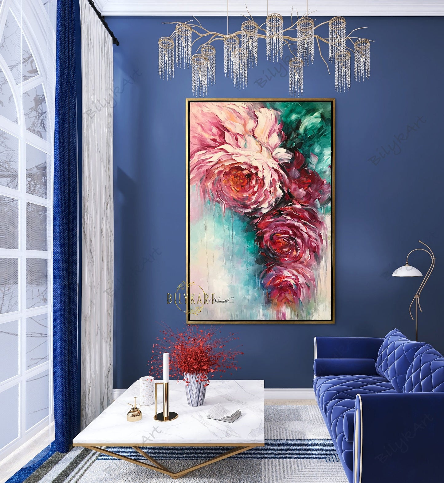 Large Roses Painting Abstract Red Flowers Wall Art Contemporary Flower Oil Artwork Modern Bloom Floral Art Painting Vertical Wall Decor