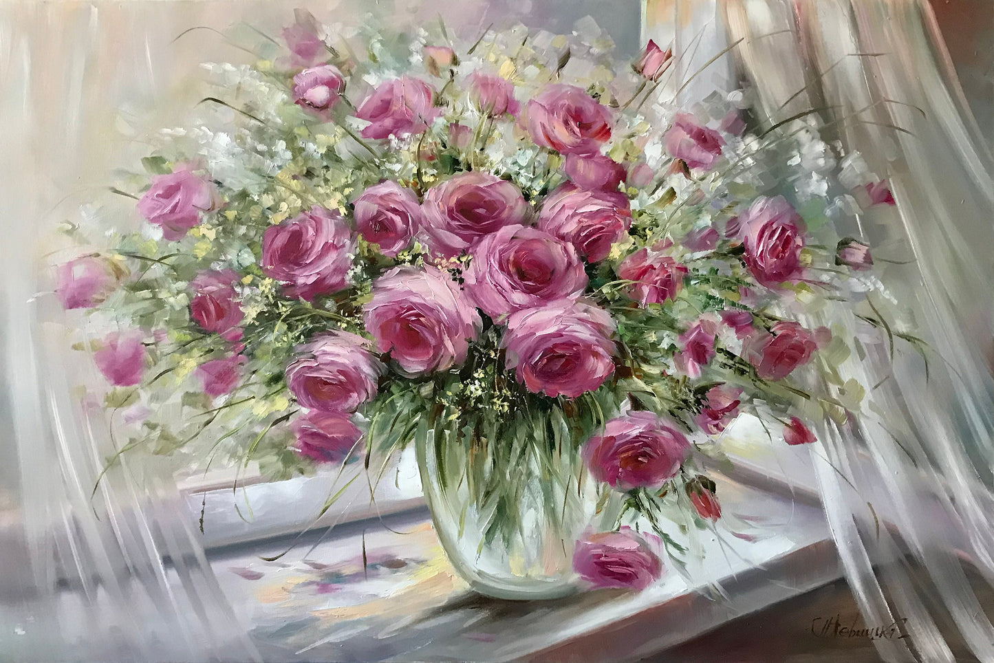 Pink Roses Painting Original Ukrainian Art Work Classical Bouquet Painting Still Life Roses Art Ukrainian Gift Flower Oil Painting on Canvas