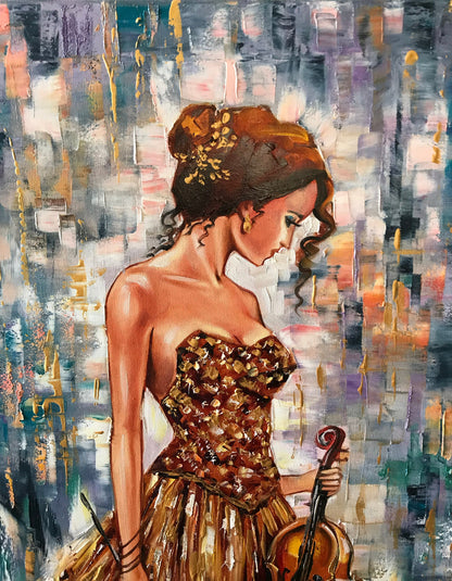 Lady Painting on Canvas Girl with Violin Art Woman in Gold Dress Painting Violin Home Decor abstract Woman Oil Painting Original Female Art