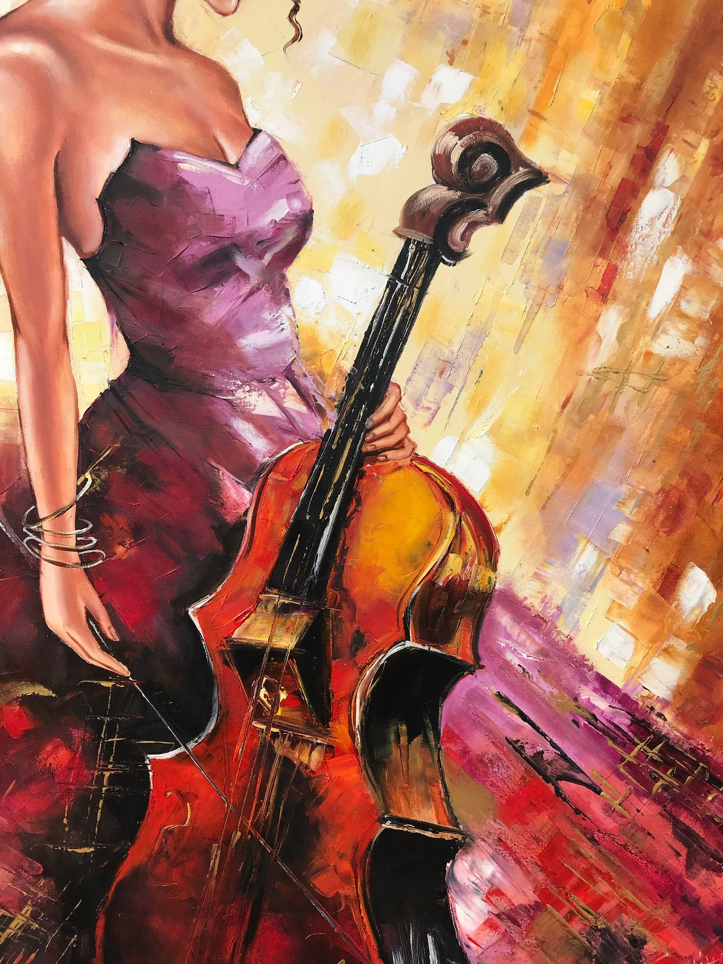 Beautiful Woman in Red Dress Painting Original Abstract Red Orange Yellow Painting on Canvas Music Artwork Lady with Cello Oil Painting