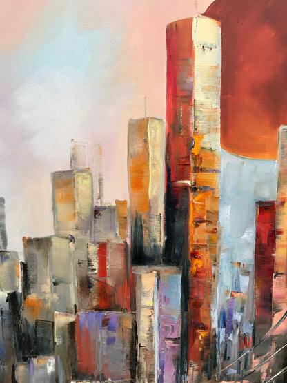 New York Skyline Painting on Canvas Abstract NYC Art Full Moon Artwork Original Manhattan Painting Extra Large New York City Wall Art