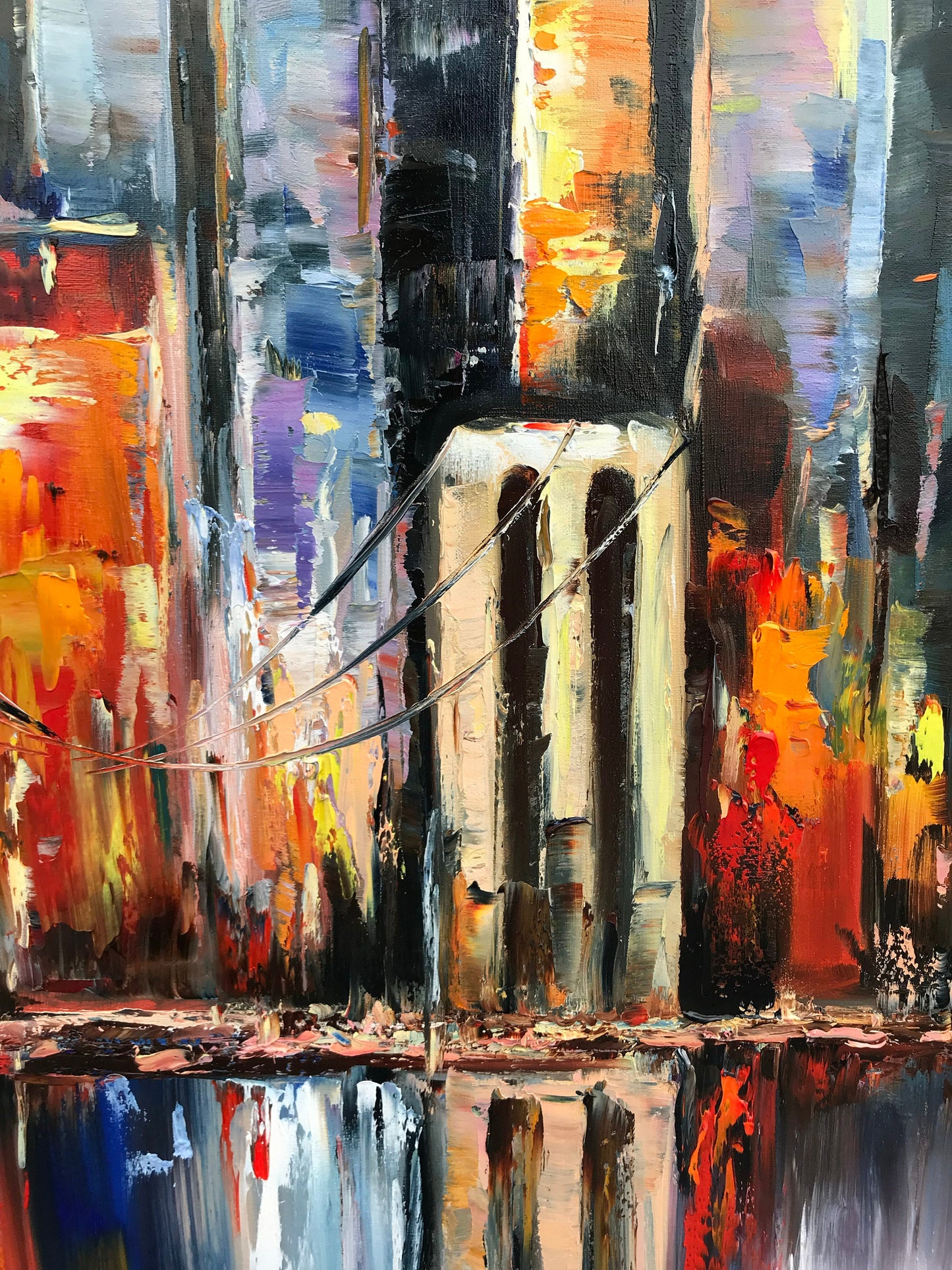 New York Skyline Painting on Canvas Abstract NYC Art Full Moon Artwork Original Manhattan Painting Extra Large New York City Wall Art