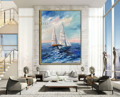 Sailboat Painting Blue Ocean Oil Painting on Canvas Original Ship Art Seascape White Blue Painting Nautical Painting Sailing Boat Wall Art