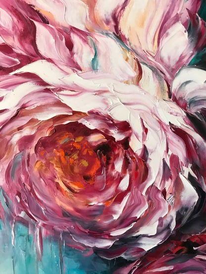 Large Roses Painting Abstract Red Flowers Wall Art Contemporary Flower Oil Artwork Modern Bloom Floral Art Painting Vertical Wall Decor