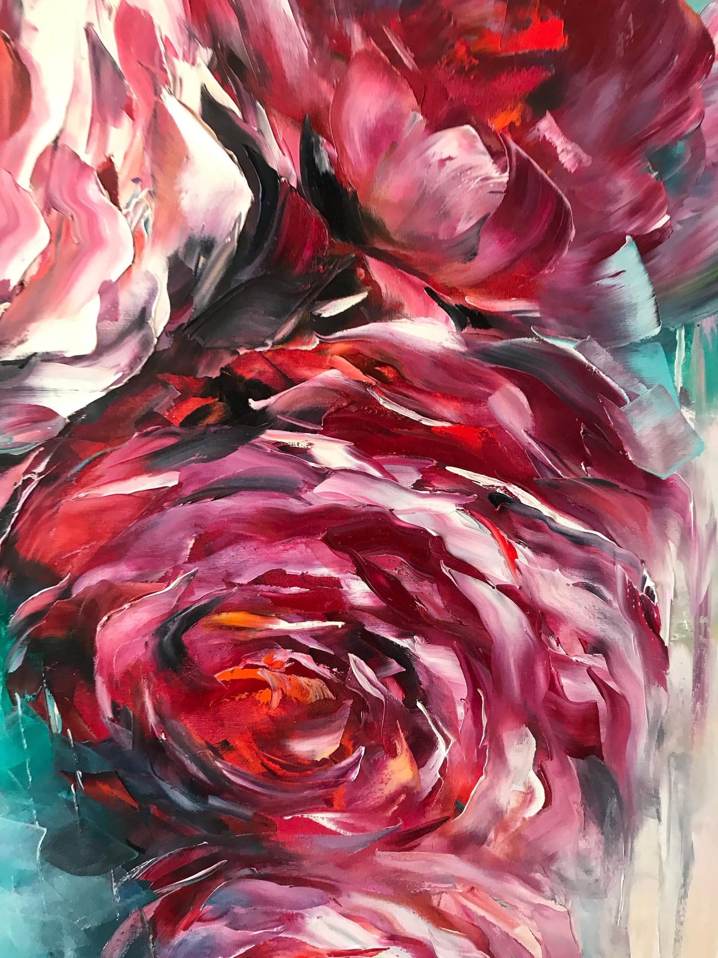 Large Roses Painting Abstract Red Flowers Wall Art Contemporary Flower Oil Artwork Modern Bloom Floral Art Painting Vertical Wall Decor