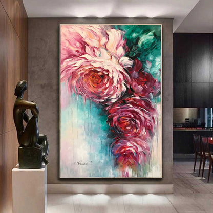 Large Roses Painting Abstract Red Flowers Wall Art Contemporary Flower Oil Artwork Modern Bloom Floral Art Painting Vertical Wall Decor