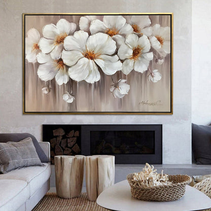 Abstract Flower Oil Painting Large White Flowers Wall Art Modern Floral Oil Artwork Over Bed Art Luxury Flower Painting Above Couch Wall Art