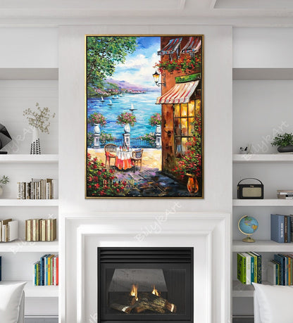 Italian Cafe Painting on Canvas Italian Restaurant Paintings Mediterranean Wall Art Italy Landscape Canvas Art Italian Scenery Oil Painting