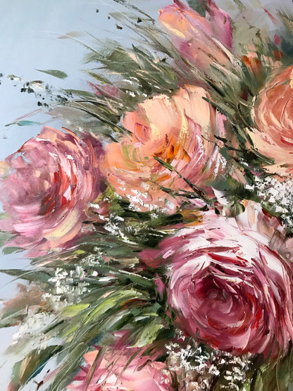 Large Flowers Oil Painting Original Pink Roses Wall Art Custom Bridal Bouquet Painting from Photo Pink Rose Flower Oil Painting on Canvas