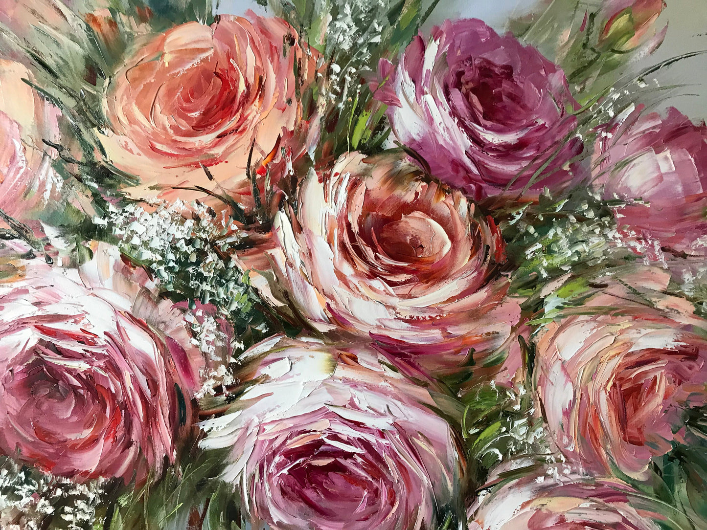 Large Flowers Oil Painting Original Pink Roses Wall Art Custom Bridal Bouquet Painting from Photo Pink Rose Flower Oil Painting on Canvas