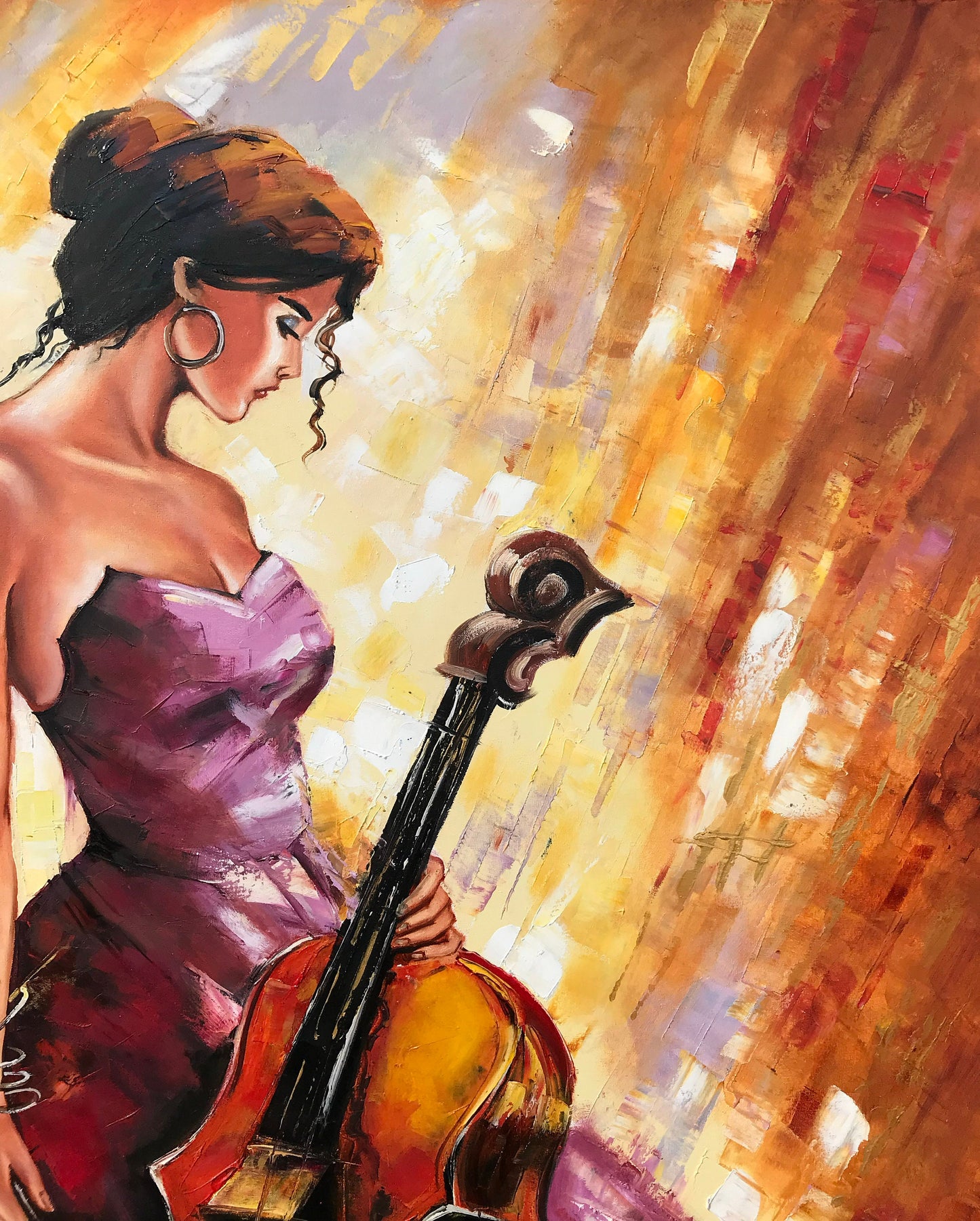 Beautiful Woman in Red Dress Painting Original Abstract Red Orange Yellow Painting on Canvas Music Artwork Lady with Cello Oil Painting