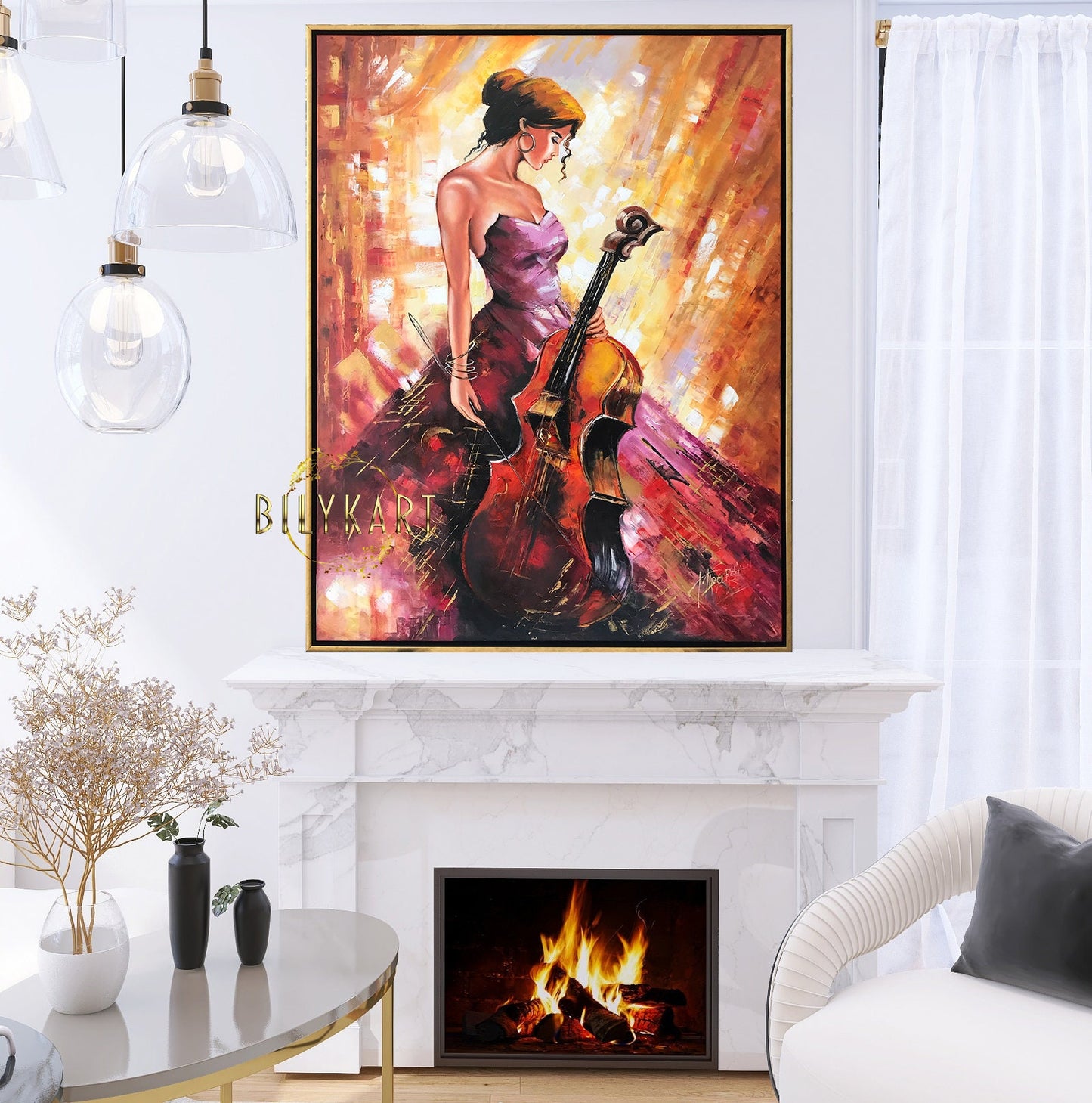 Beautiful Woman in Red Dress Painting Original Abstract Red Orange Yellow Painting on Canvas Music Artwork Lady with Cello Oil Painting