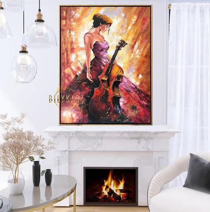 Beautiful Woman in Red Dress Painting Original Abstract Red Orange Yellow Painting on Canvas Music Artwork Lady with Cello Oil Painting