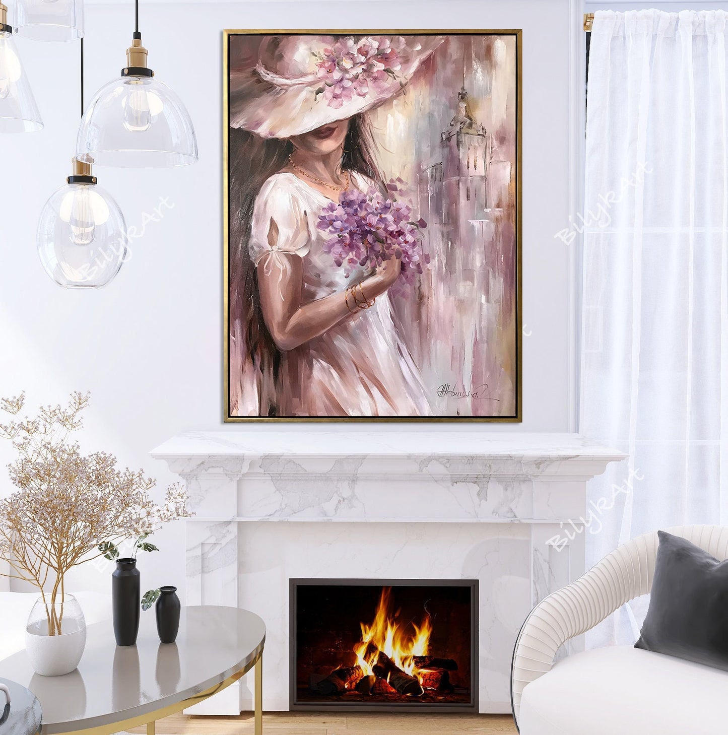 Beautiful woman with flowers painting Flower head painting of young lady Light pink wall art Hydrangea painting original Pretty woman art