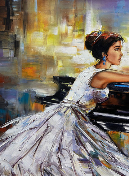 Pianist Painting Girl Grand Piano Wall Art Woman Sitting Art Lady Artwork Abstract Music Oil Painting Piano Gifts For Women Dress Painting