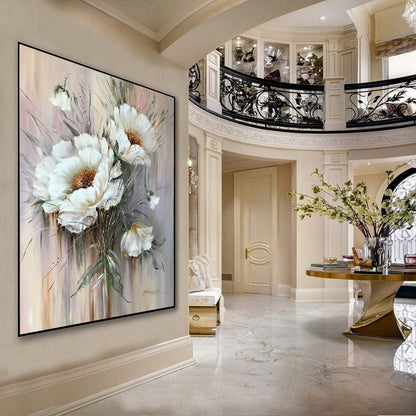 Large Flower Painting Abstract White Flowers Wall Art Contemporary Floral Oil Artwork Modern Wild Flower Painting Vertical Wall Decor