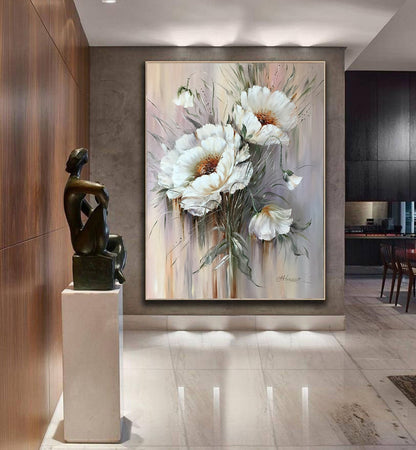 Large Flower Painting Abstract White Flowers Wall Art Contemporary Floral Oil Artwork Modern Wild Flower Painting Vertical Wall Decor