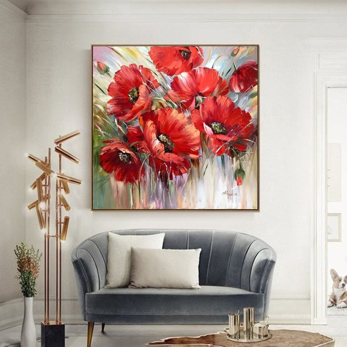 Abstract Poppy Painting on Canvas Aesthetic Painting 30x30 Above Bed Decor Square Art California Poppies Gifts Red Flowers Painting 36x36"