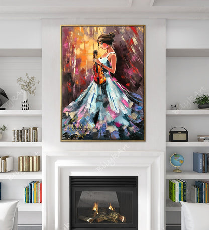 Large Girl with Violin Oil Painting On Canvas Abstract Girl Canvas Wall Art Extra Large Musician Abstract Painting Modern Violin Painting