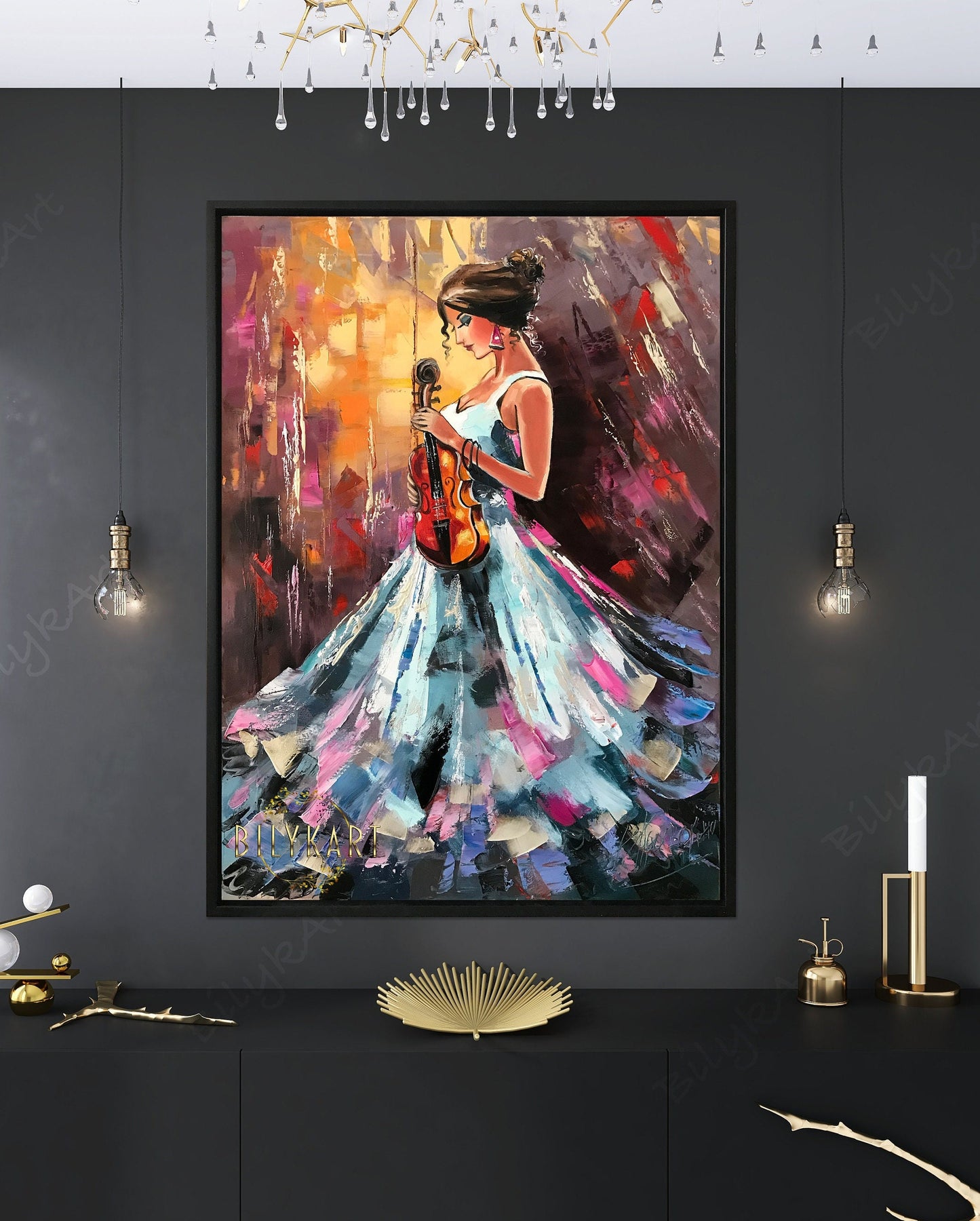 Large Girl with Violin Oil Painting On Canvas Abstract Girl Canvas Wall Art Extra Large Musician Abstract Painting Modern Violin Painting