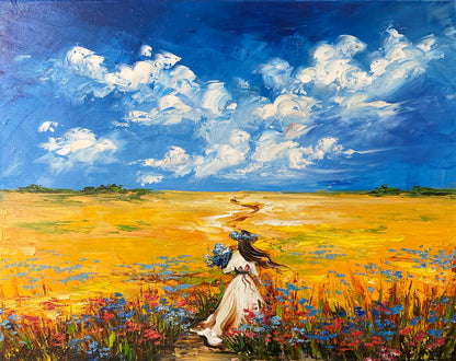 Ukrainian Landscape Oil Painting Original Girl in Flower Field Painting Ukrainian Artists Buy Ukrainian Blue and Yellow Painting on Canvas