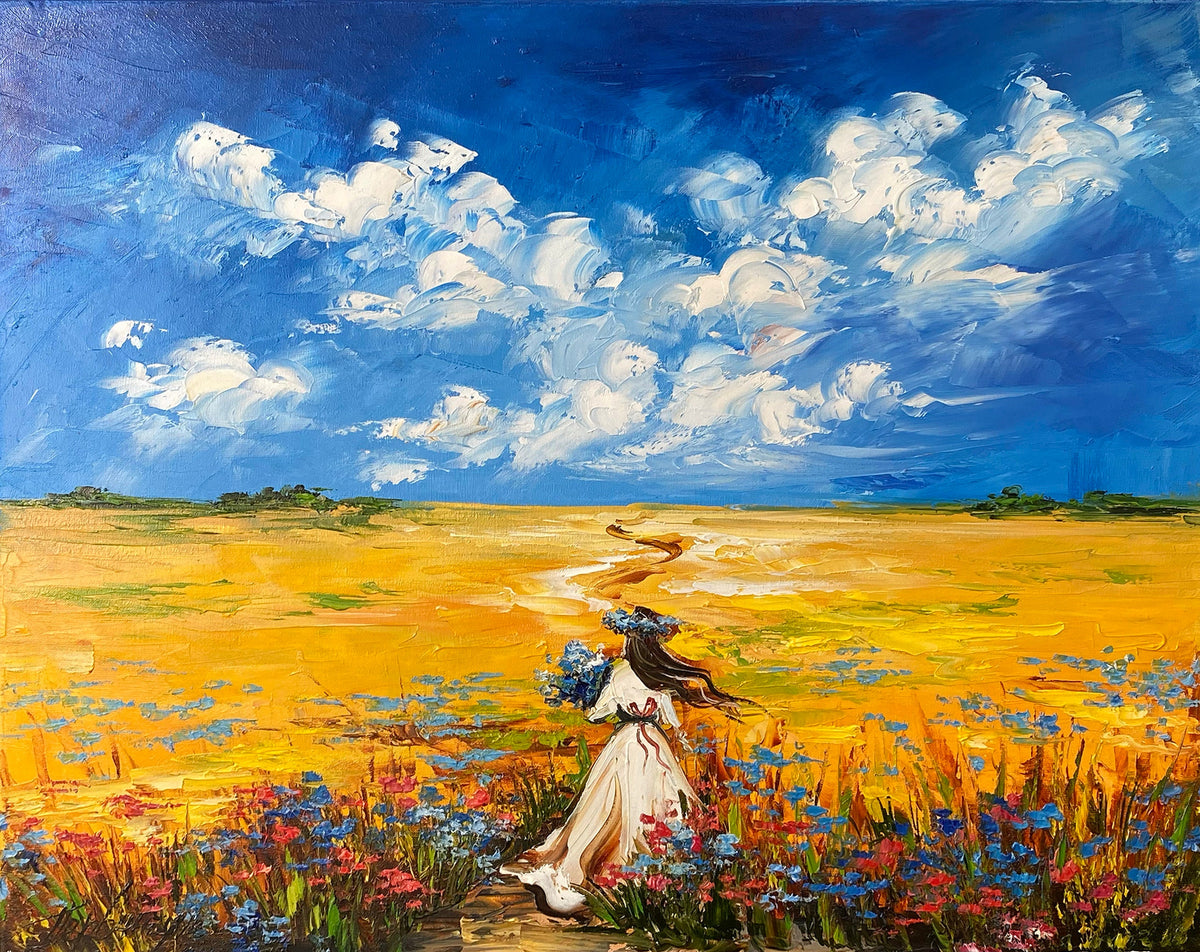 Ukrainian Woman in Flower Field Oil Painting on Canvas | Ukraine Blue & Yellow Wall Art | Ukrainian Folk Art Countryside Landscape Artwork