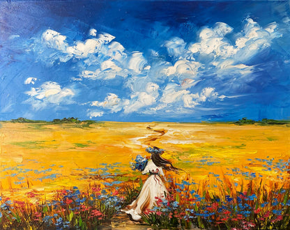 Ukrainian Woman in Flower Field Oil Painting on Canvas | Ukraine Blue & Yellow Wall Art | Ukrainian Folk Art Countryside Landscape Artwork