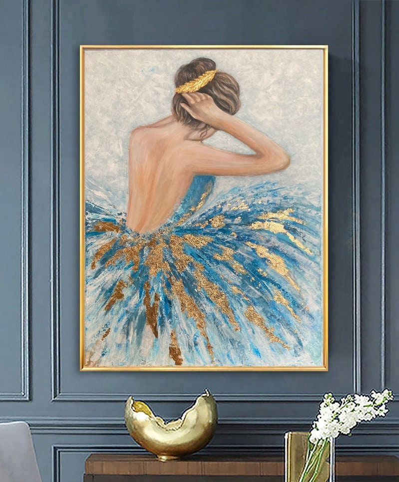 Original Ballerina Painting Teal Gold Wall Art Ballet School Art Ballerina Wall Art Ballet Gifts For Woman Ballerina Paintings on Canvas