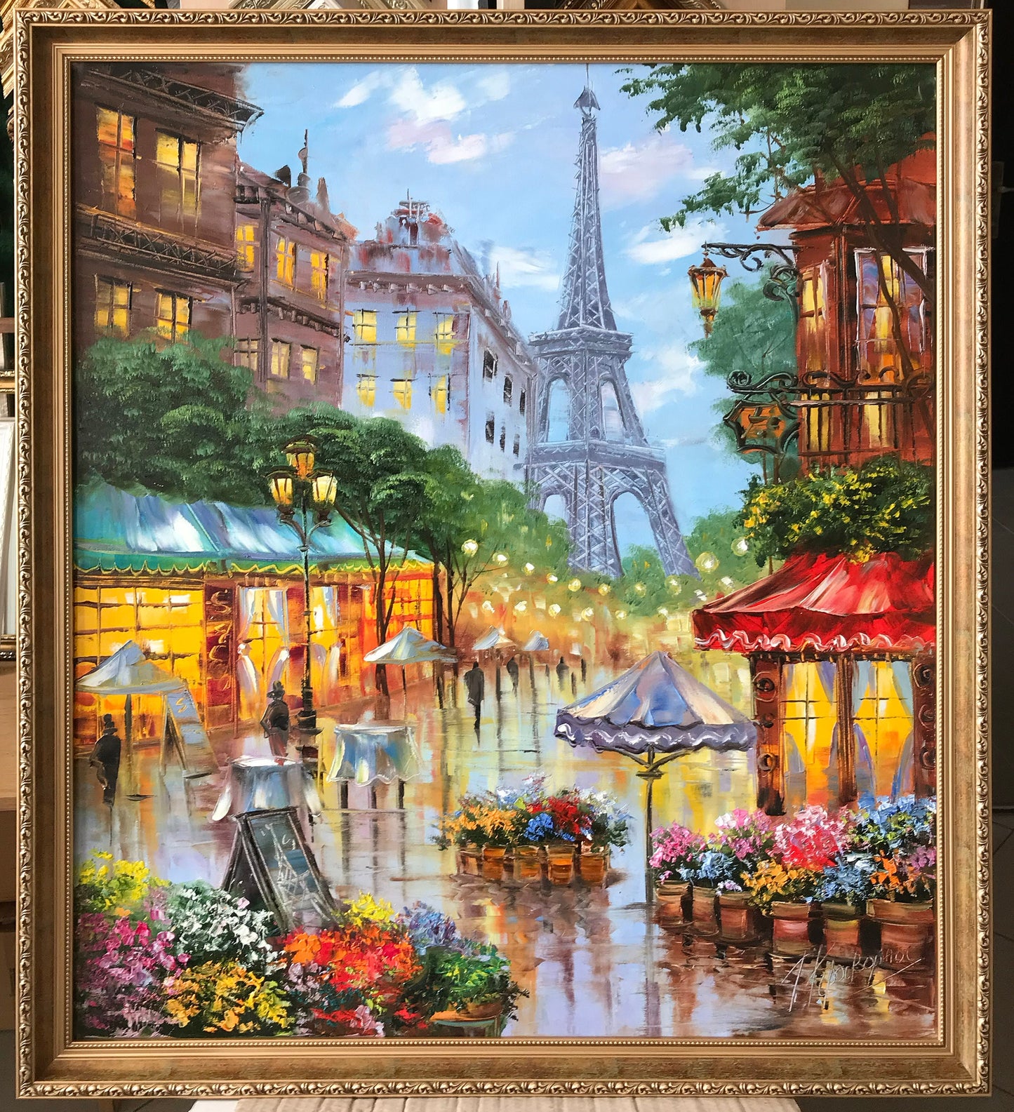Romantic Paris Street Scene Oil Painting | Large Eiffel Tower Artwork, French Flower Market Painting on Canvas
