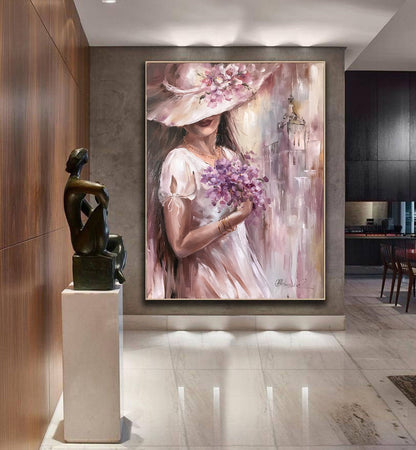 Beautiful woman with flowers painting Flower head painting of young lady Light pink wall art Hydrangea painting original Pretty woman art