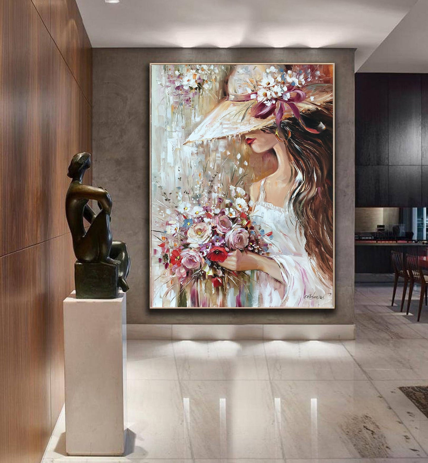 Pretty Woman With Flowers Painting Flower Girl Paintings of Elegant Lady in Hat Wedding Art Gift Bouquet Painting Original Female Face Art