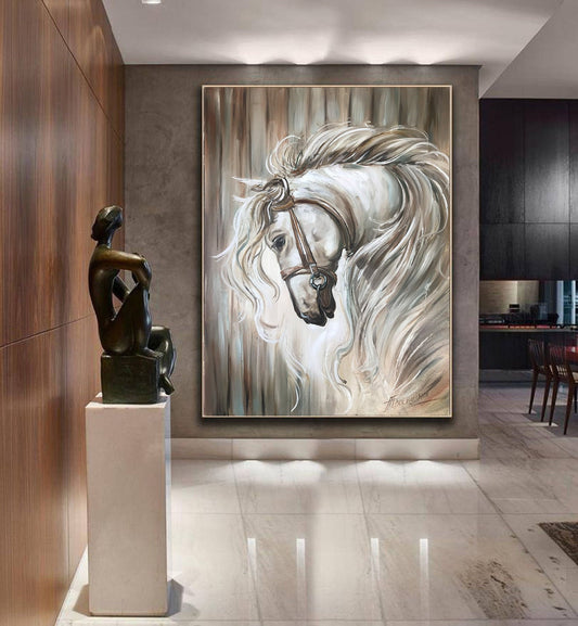 Horse Head Oil Painting On Canvas Abstract Animal Decor White Gray Art Wild Animal Painting Gift for Horse Lover Pastel Colors Painting