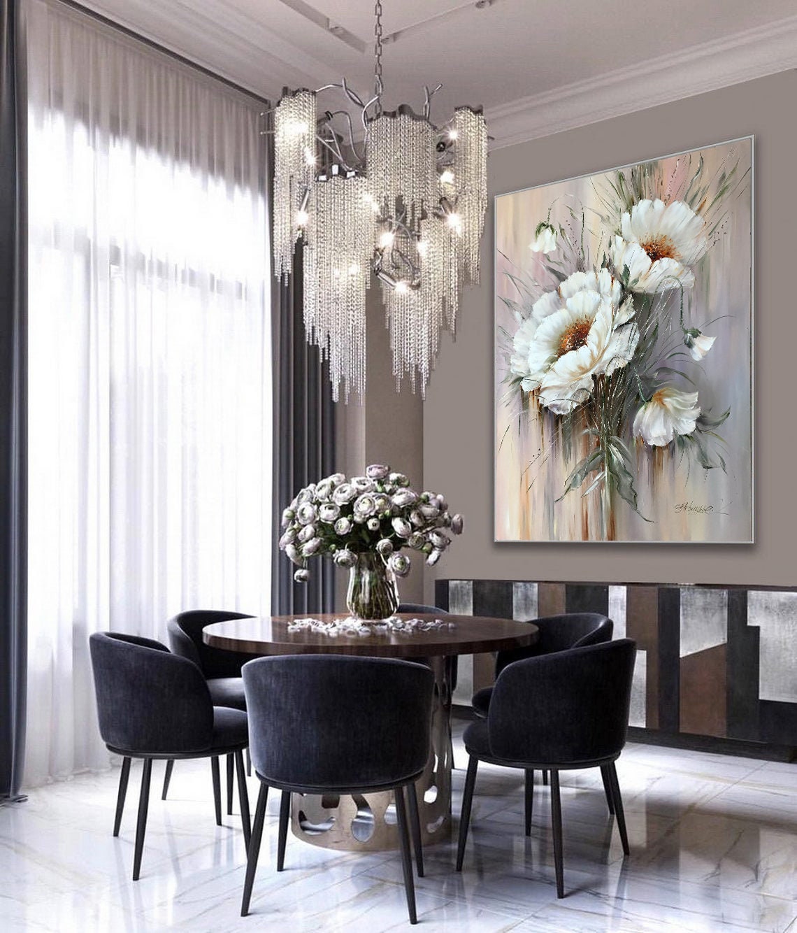 Large Flower Painting Abstract White Flowers Wall Art Contemporary Floral Oil Artwork Modern Wild Flower Painting Vertical Wall Decor