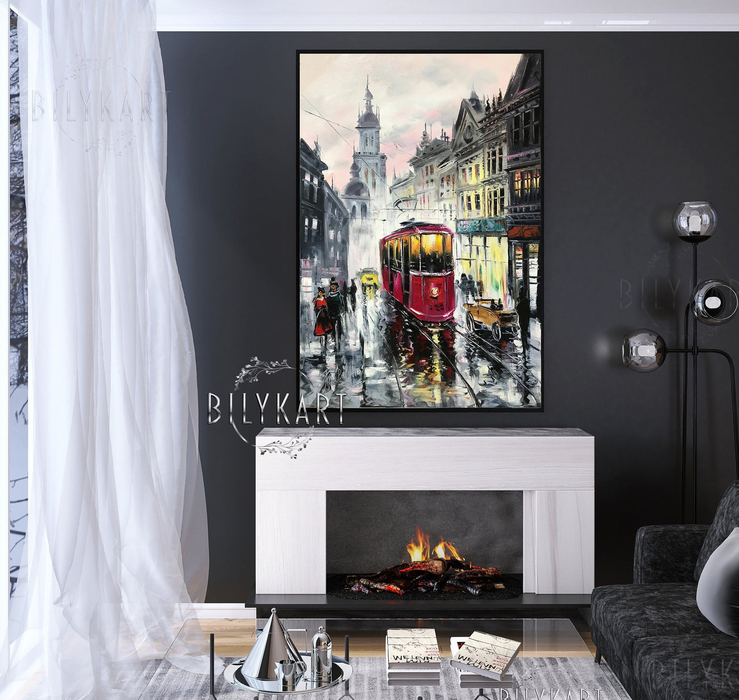 Large City Scene Oil Painting Original Black And White Europe Wall Art Old Town Painting on Canvas Large Impressionist Cityscape Paintings