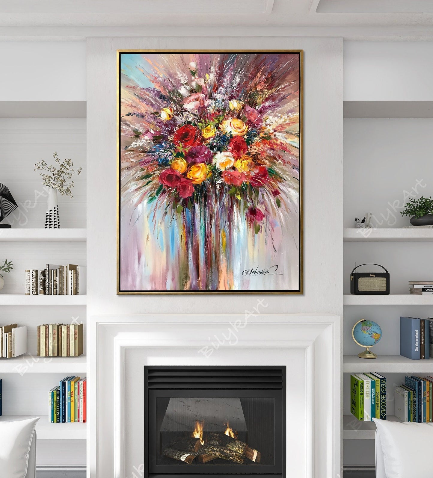 Large Flower Painting Abstract Red Flowers Wall Art Contemporary Floral Oil Painting Modern Rose Flower Paintings Canvas Floral Wall Decor