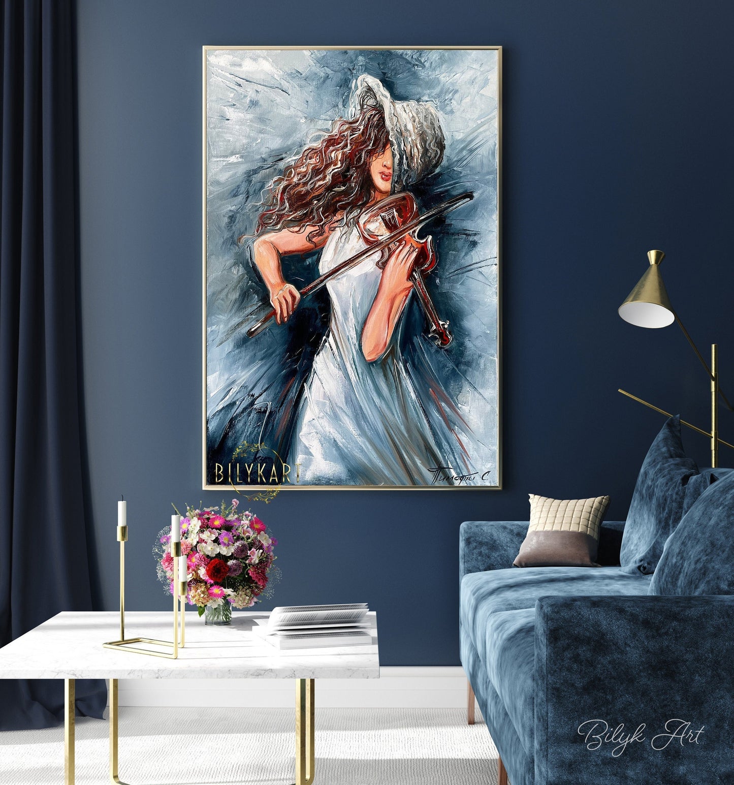 Girl Playing Violin Oil Painting Original Woman in Hat Canvas Wall Art Abstract Violin Art Music Painting Modern Living Room Wall Decor