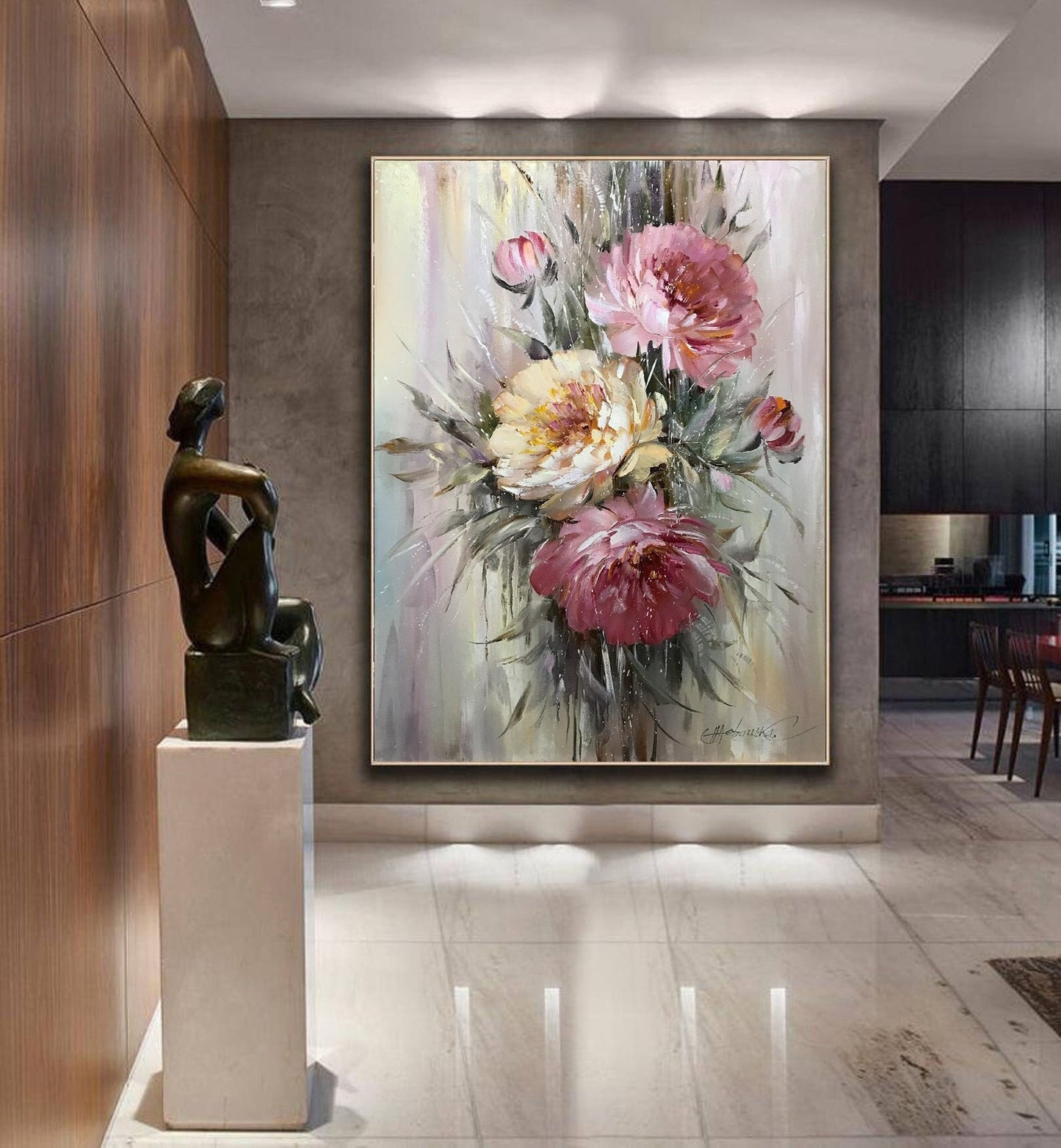 Abstract Floral Paintings on Canvas Oversized Modern Room Decor Pink Peonies Oil Painting Extra Large Contemporary Flower Abstract Wall Art