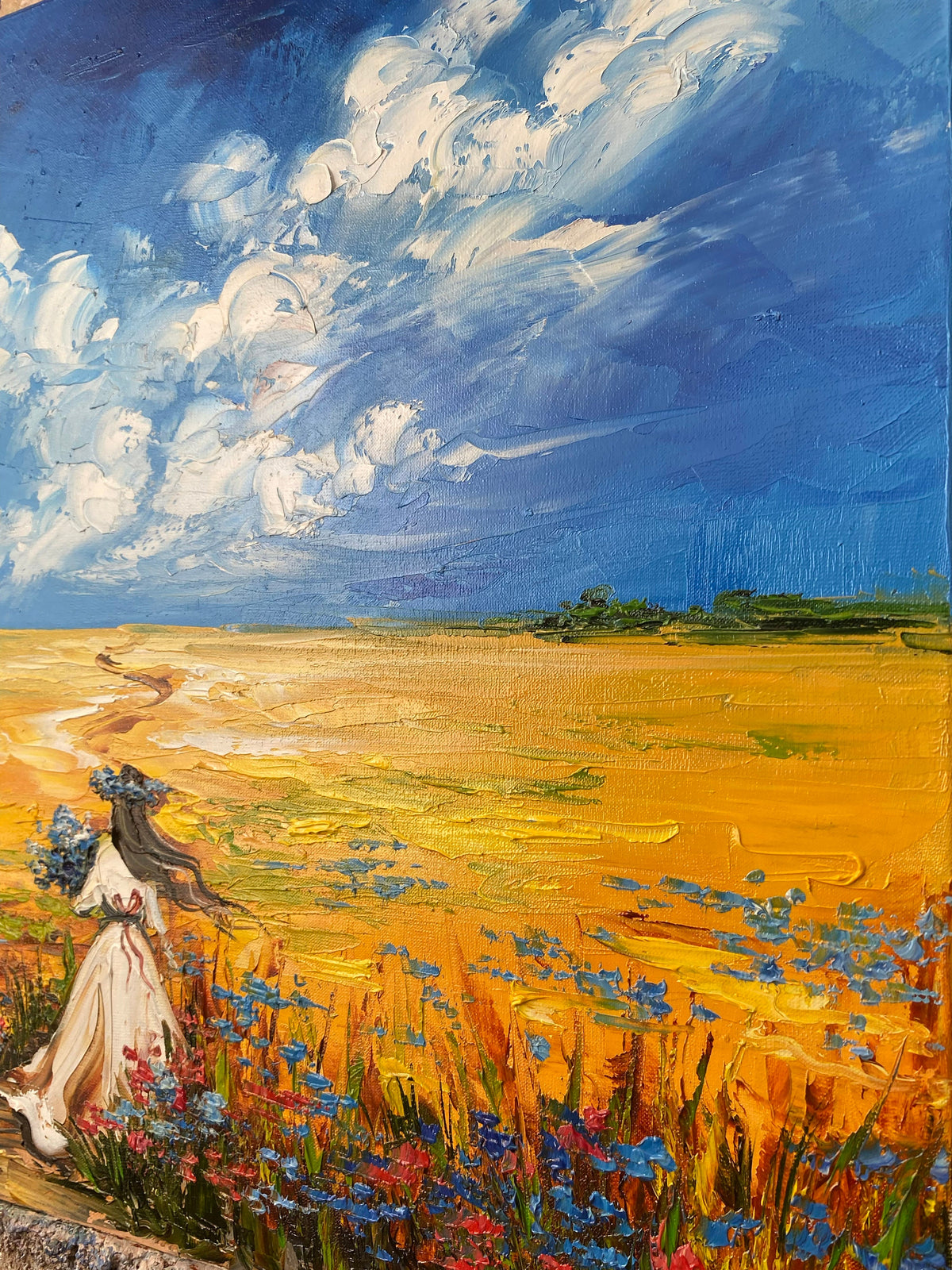 Ukrainian Woman in Flower Field Oil Painting on Canvas | Ukraine Blue & Yellow Wall Art | Ukrainian Folk Art Countryside Landscape Artwork