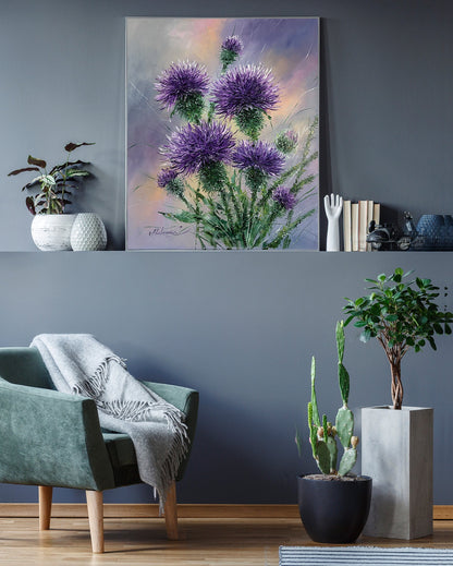 Thistle oil painting Original floral art Botanical painting Wildflower art Plant artwork Thistle wall art Purple flowers painting on canvas