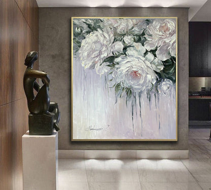 Abstract Flower Oil Painting, Large Floral Wall Art, Living Room Beige Flowers Home Decor, Big White Roses Painting on Canvas, Wild Rose Art