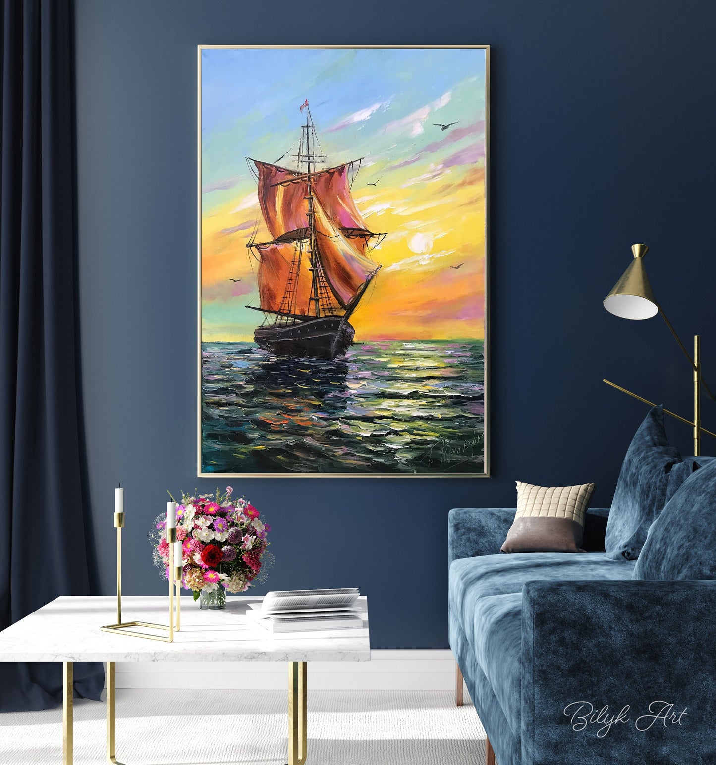 Tall Ship Painting, Original Signed Art, Ocean Sunset Painting, Sailing Decor, Mid-century Wall Art, Gift for Him, Seascape Oil Painting