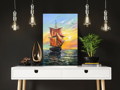 Tall Ship Painting, Original Signed Art, Ocean Sunset Painting, Sailing Decor, Mid-century Wall Art, Gift for Him, Seascape Oil Painting