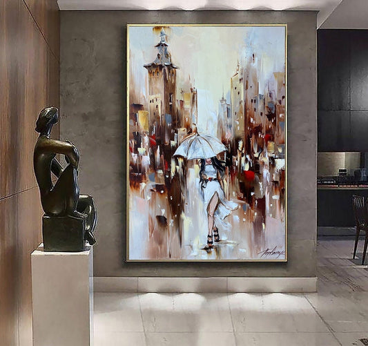 Large Woman in the Rain With Umbrella Painting on Canvas Abstract Rain Wall Art Modern Umbrella Home Decor Abstract Woman Painting 36x48